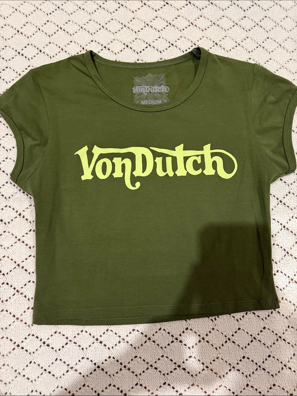 Von Dutch Olive Green Crop Top with Neon Yellow Logo